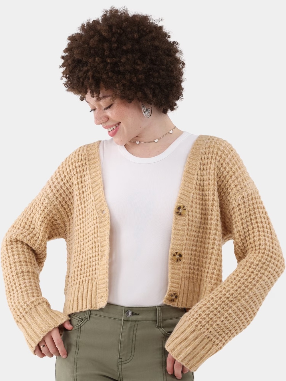Cropped Waffle-Knit Cardigan Sweater in Beige